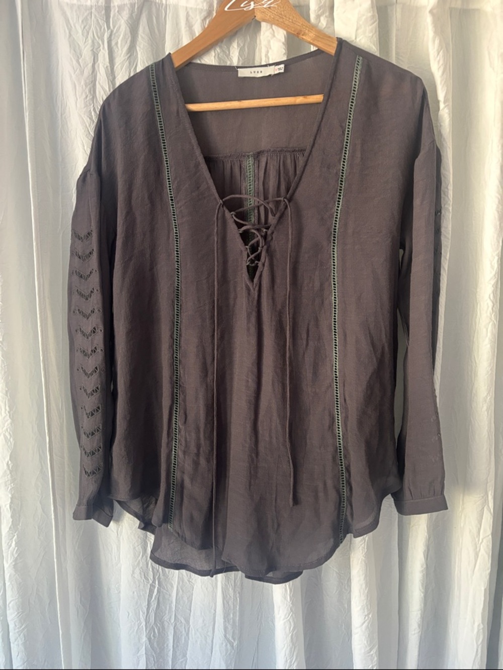 Lush Charcoal Gray Lace-Up Peasant Blouse
